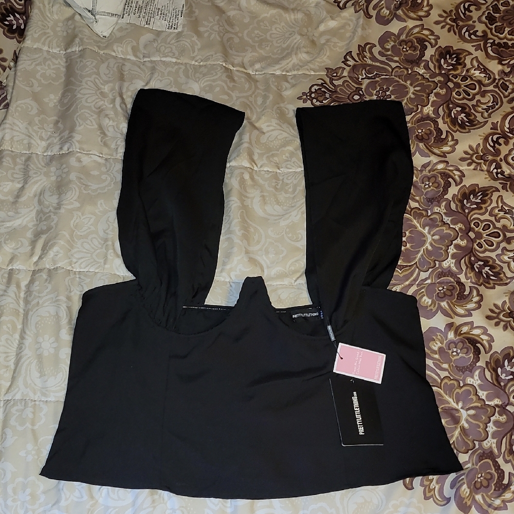 PrettyLittleThing Black Woven Cross Over Zip Top Sz: 20 NWT - Picture 5 of 5
